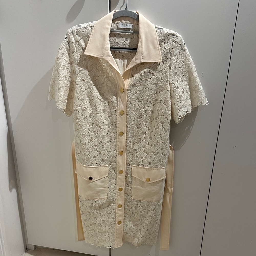 Sandro Cream Lace gold Button-Up belted Dress